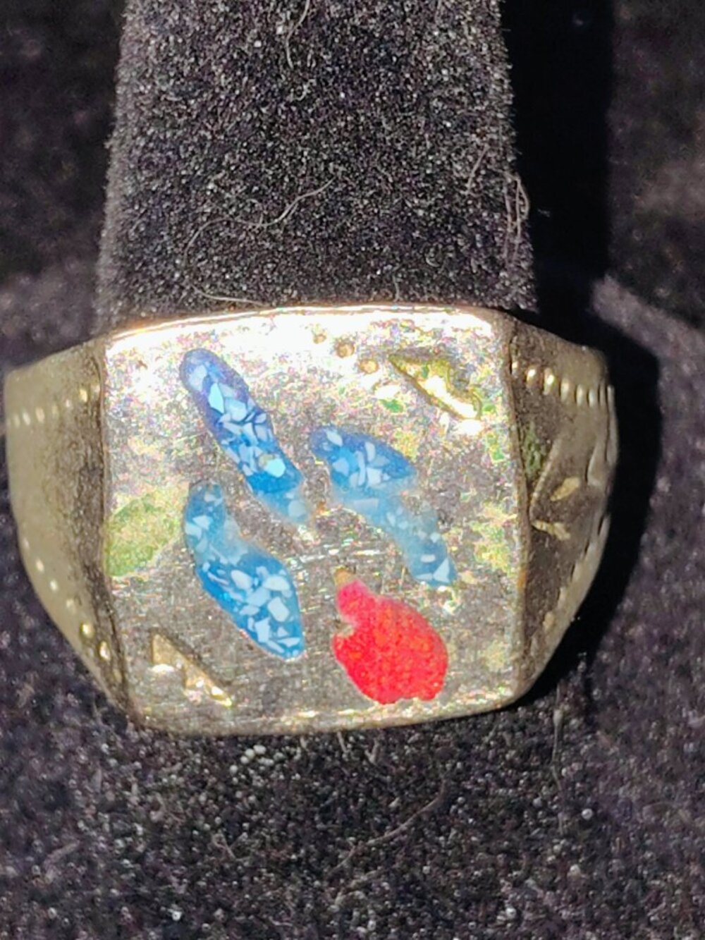 Vintage Southwestern Peyote Bird Chip Inlay Ring • Size 8.5 Turquoise & Coral